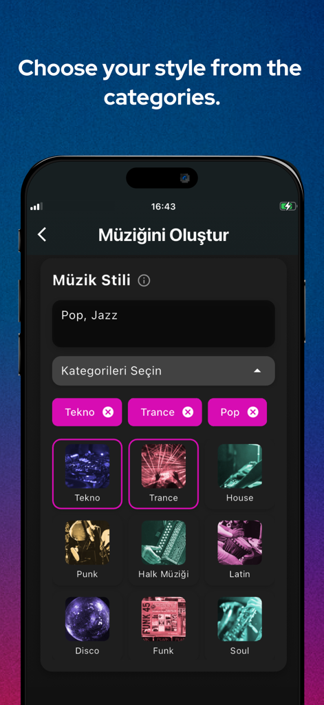 Sona: AI Music & Song Maker - Interface of Sona AI Music app showing music style categories like Techno Trance and Pop for song creation