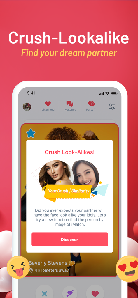 iMatch - Match, Chat, Date - iMatch dating app screen showing the Crush Lookalike feature to find partners based on facial similarity