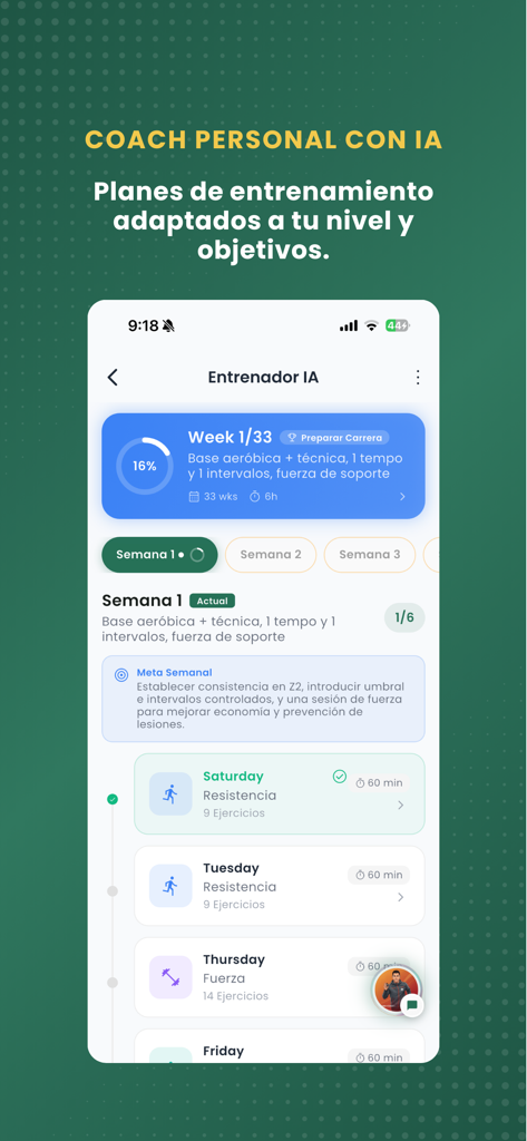 T-Mate - T-Mate mobile app screen showing a personalized AI coach training plan with a weekly workout schedule.