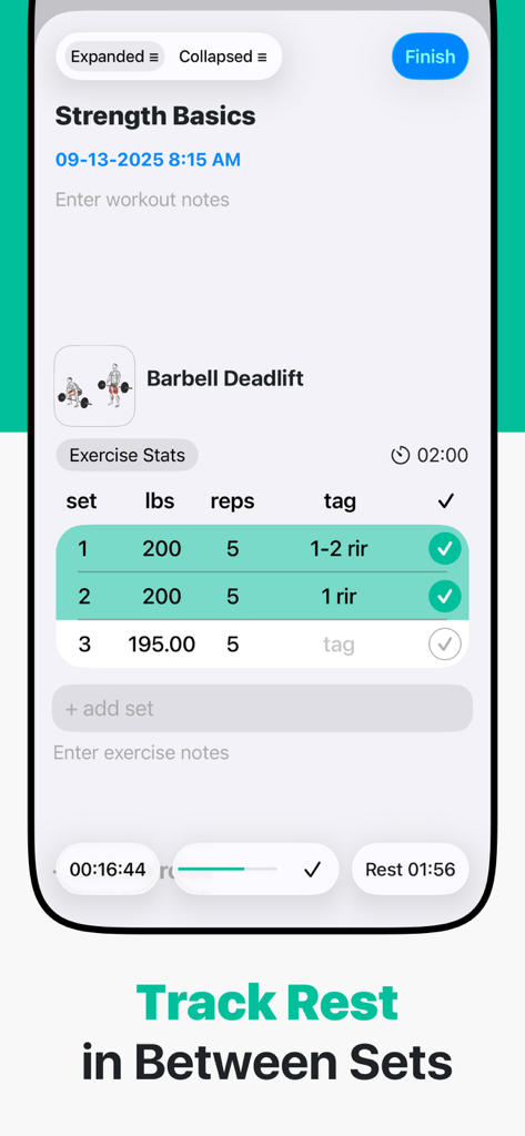 Simple Workout Log - IRONOTES - Simple Workout Log Ironotes tracking barbell deadlift sets with a rest timer
