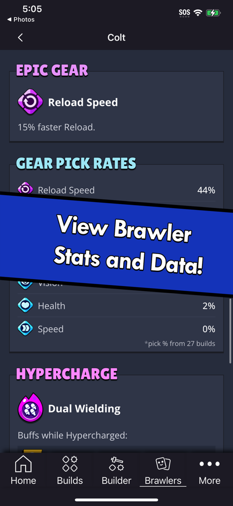 Build Stars for Brawl Stars - Pantalla de estadísticas de personajes y tasas de selección de engranajes de Brawl Stars para el personaje Colt