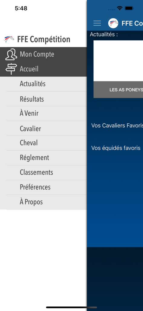 FFE Compétition - Menú de navegación lateral de la aplicación móvil FFE Competition que muestra opciones de menú como resultados, clasificaciones de jinetes y seguimiento del rendimiento de caballos.