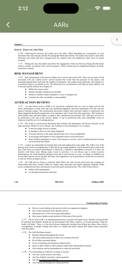 Army Leader Smart Cards - After Action Reviews AARs manual excerpt in the Army Leader Smart Cards app