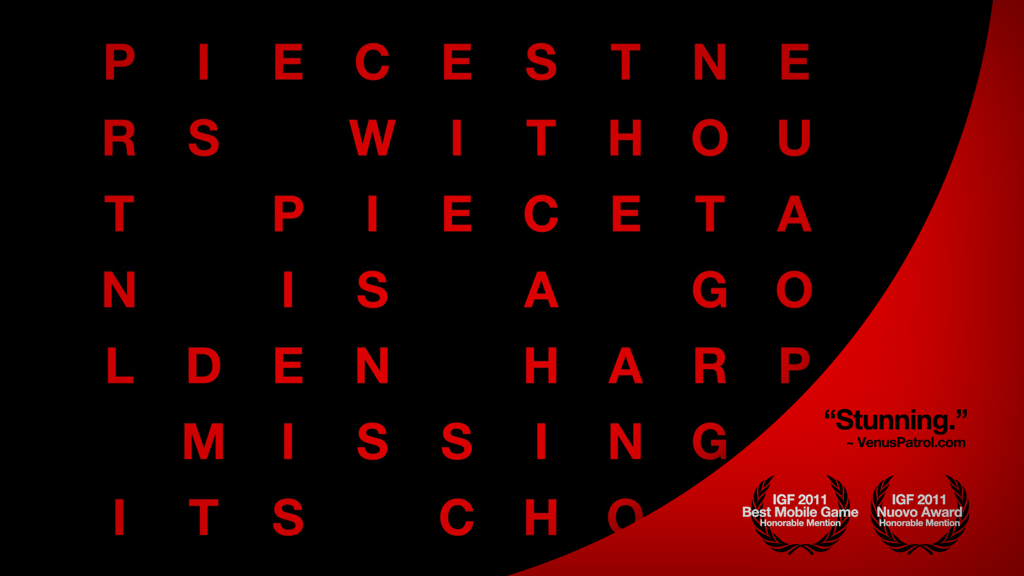 Hundreds - Tipografía roja sobre un fondo negro con insignias de premios IGF para el juego Hundreds.