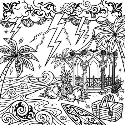 Experience the unexpected fusion of summer vibes and gothic mystique with this captivating coloring page. Featuring a dramatic beach scene under a lightning-filled sky, adorned with ornate details and tropical elements.