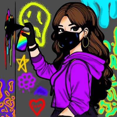 realistic girl with mask spray painting a wall