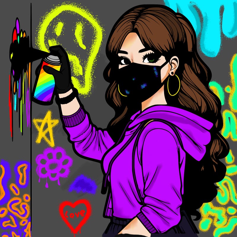 realistic girl with mask spray painting a wall