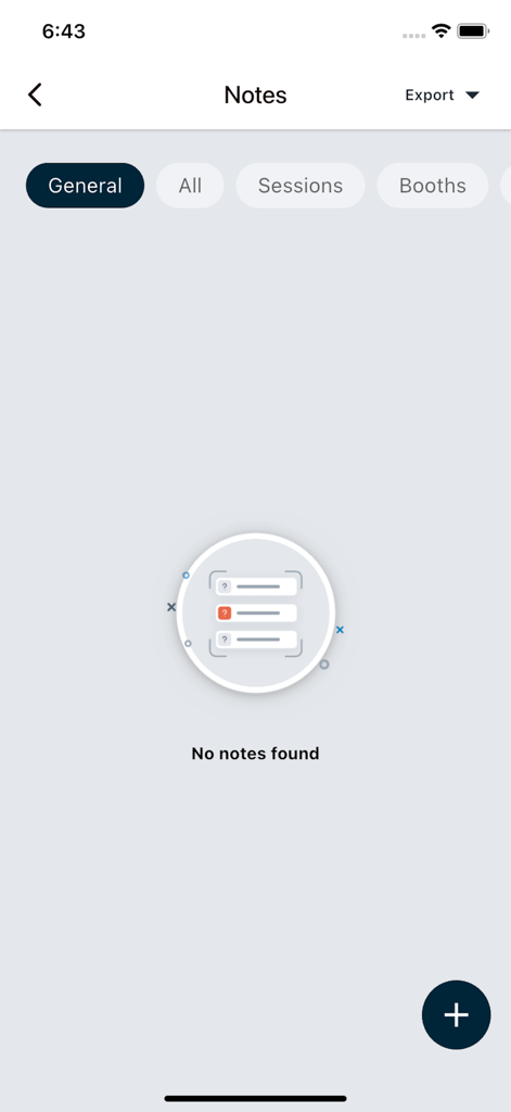 Notes section of the DSG Events app showing categories for general sessions and booths