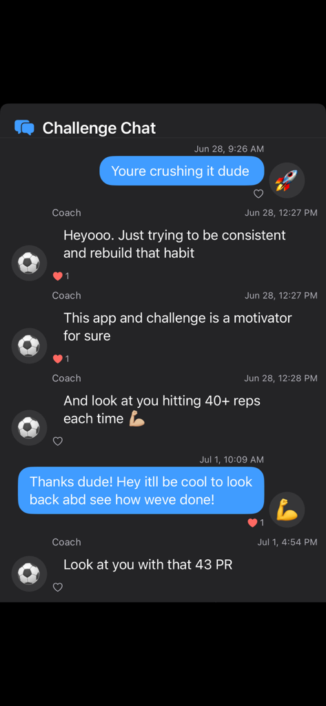 NextRep Challenge - In-app group chat showing fitness motivation and personal record tracking between users