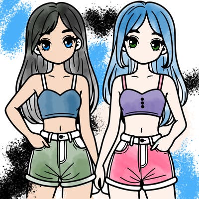 two sisters with crop tops and jean shorts and straight hair