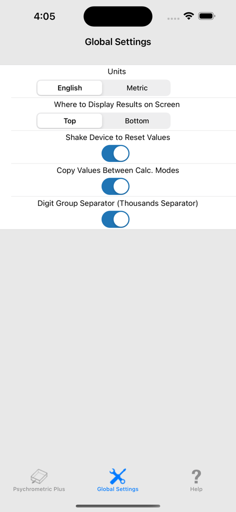 HVAC Psychrometric Plus - Pantalla de Configuración Global de la aplicación HVAC Psychrometric Plus mostrando opciones de configuración para unidades y preferencias de visualización.