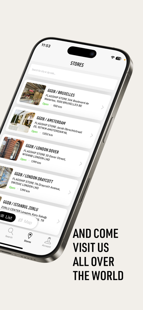 Golden Goose - 世界中のフラッグシップストアの場所のリストを表示するゴールデン グースモバイルアプリ