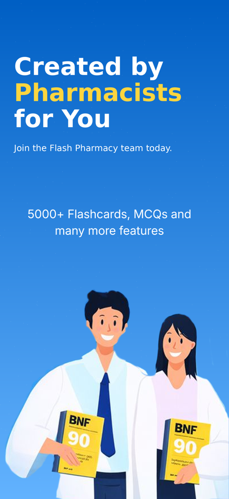 Flash Pharmacy - Flash Pharmacy app promotional screen featuring cartoon pharmacists holding BNF books and highlighting 5000 plus flashcards and MCQs