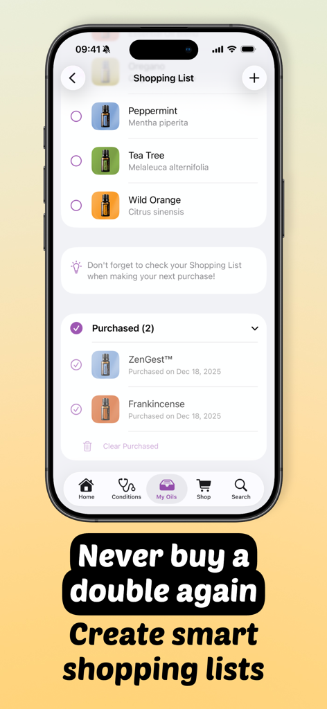 Essential Oils Guide - doTERRA - Essential Oils Guide app showing a smart shopping list to track oil inventory