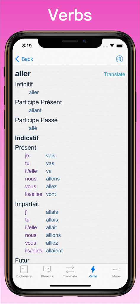 French verb conjugations for aller showing present and imperfect tenses in the French Translator Dictionary plus app.