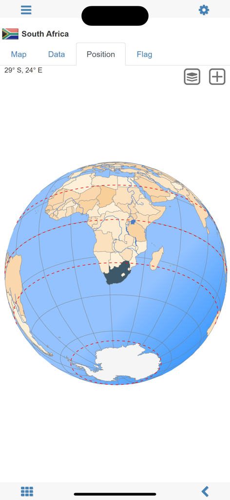 World atlas & world map MxGeo - Captura de pantalla de la aplicación Atlas Mundial MxGeo mostrando la posición de Sudáfrica en un globo 3D