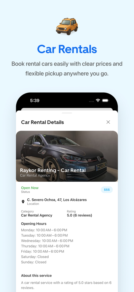Travy: Plan Trips & Itinerary - 업체 이름, 위치 및 영업 시간을 포함한 렌터카 세부 정보를 표시하는 Travy 앱의 모바일 화면