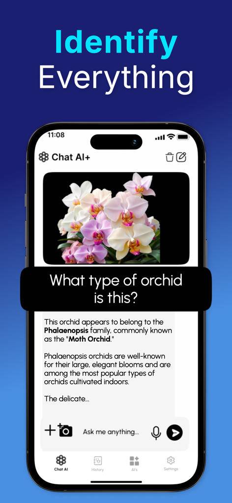 Chat+ AI: Safe & PIN-Protected - AI chatbot interface identifying a Phalaenopsis orchid from a user uploaded photo.