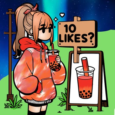 girl with oversized hoodie drinking boba and she has a high ponytail with a sign that says 10likes?