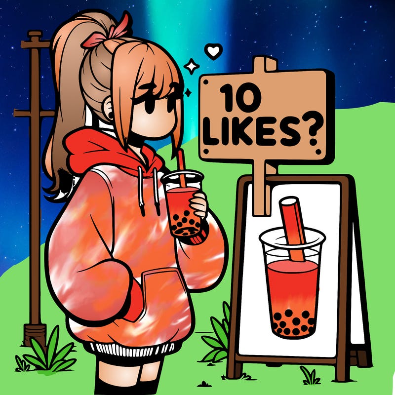 girl with oversized hoodie drinking boba and she has a high ponytail with a sign that says 10likes?