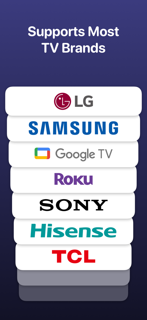 TV Remote - Universal Remote - Uma lista de marcas de TV suportadas, incluindo LG, Samsung, Google TV, Roku, Sony, Hisense e TCL.