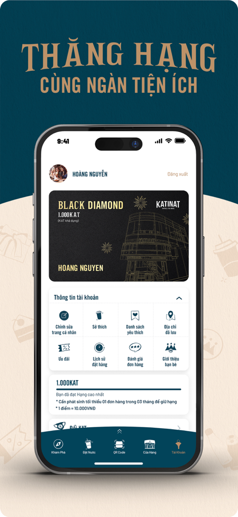 KATINAT App Loyalitäts-Profilbildschirm, der die Black Diamond-Mitgliedschaftsstufe und Kontoverwaltungsoptionen anzeigt
