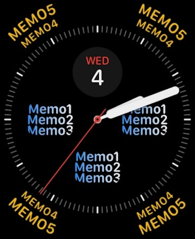 Color Watch Memo - An Apple Watch face showing multiple custom color text memos used as complications.