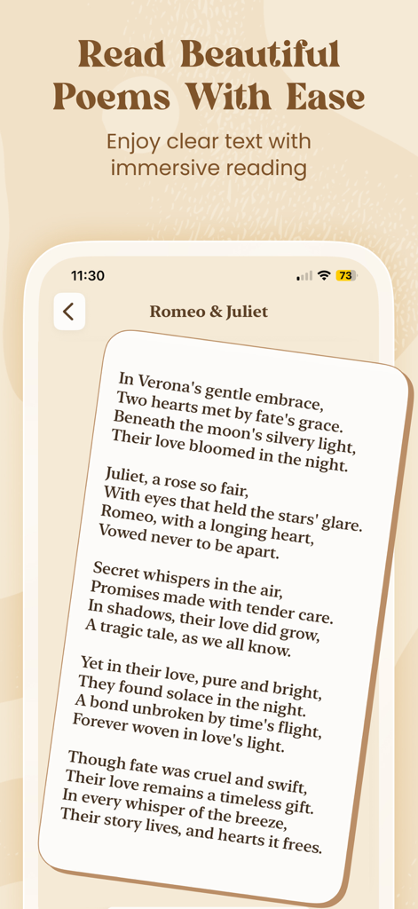 Ein mobiler Bildschirm, der ein Gedicht über Romeo und Julia in einer übersichtlichen Lesefunktion mit beigen Tönen zeigt