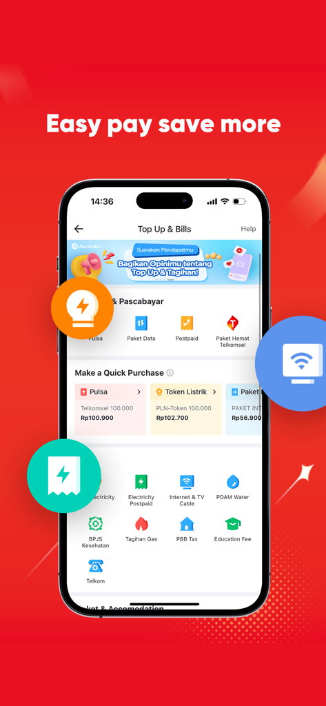 Akulaku-Installment Shopping - Smartphone-Bildschirm mit Akulaku App Rechnungszahlung und Aufladefunktionen für indonesische Dienste