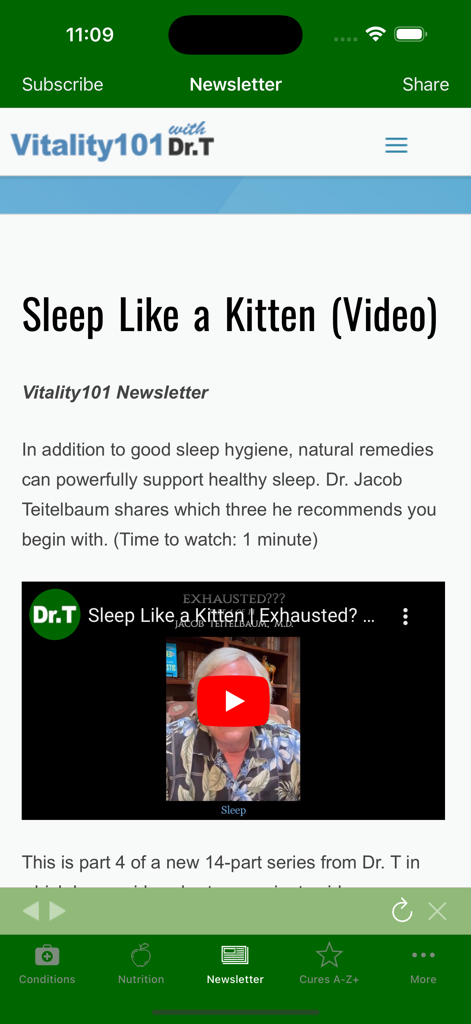 Cures A-Z - The Vitality101 newsletter screen in the Cures A-Z app featuring a video on natural sleep remedies by Dr. Jacob Teitelbaum.