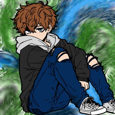 a male hoddie ripped jeans messy hair anime
