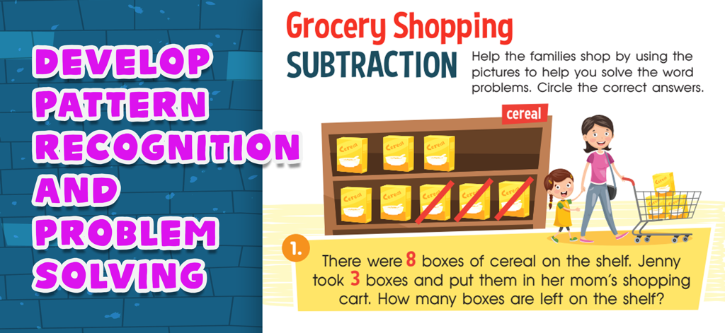 Math Games for Kids: Grade 3 - A third grade math subtraction word problem about grocery shopping featuring cereal boxes on a shelf