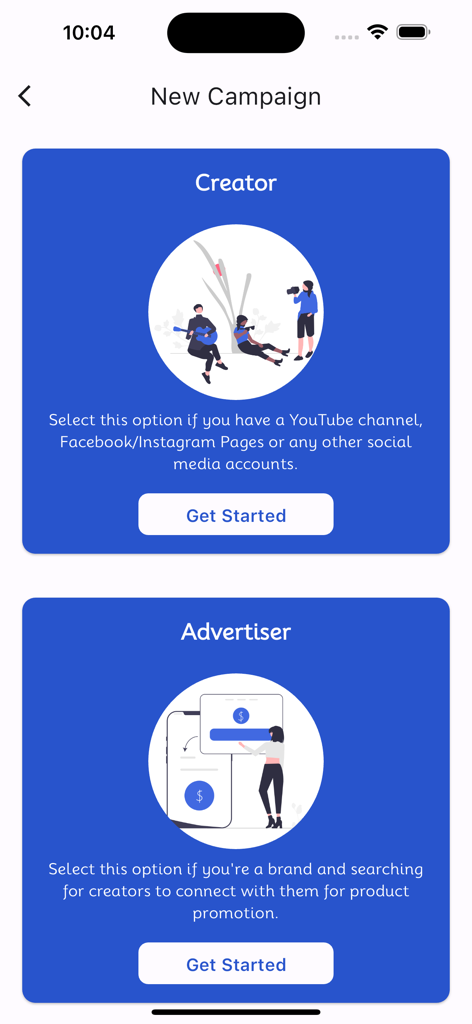 Sponso® - Creator Sponsorships - Sponso app screen showing the choice between Creator and Advertiser roles to start a new campaign.