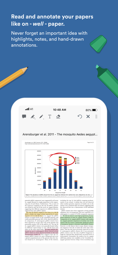 Paperpile - Un dispositivo móvil que muestra un artículo de investigación en la aplicación Paperpile con resaltados coloridos y anotaciones dibujadas a mano
