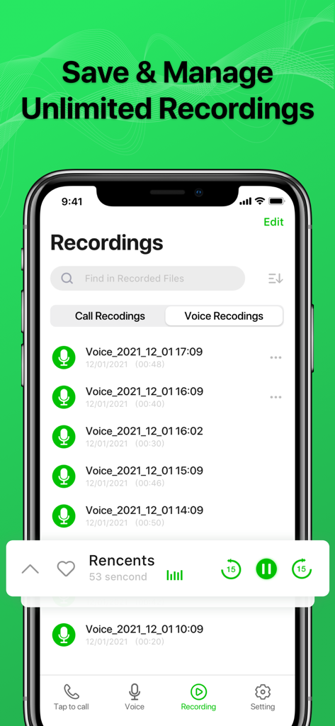 Écran de l'application affichant une liste d'appels téléphoniques et d'enregistrements vocaux enregistrés