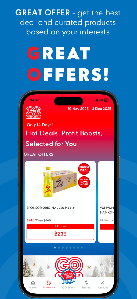 GO WHOLESALE app interface showing hot deals and bulk purchase discounts for wholesale shoppers.