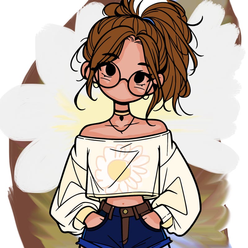 girl with a messy ponytail glasses a baggy crop top and jean shorts