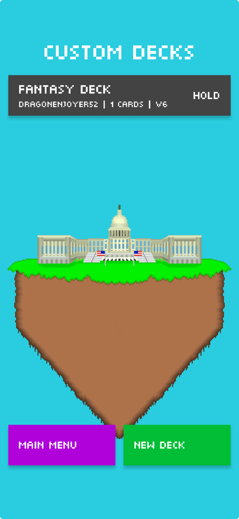 Impeached 2 - Custom Decks menu in Impeached 2 showing a pixel art US Capitol building on a floating island