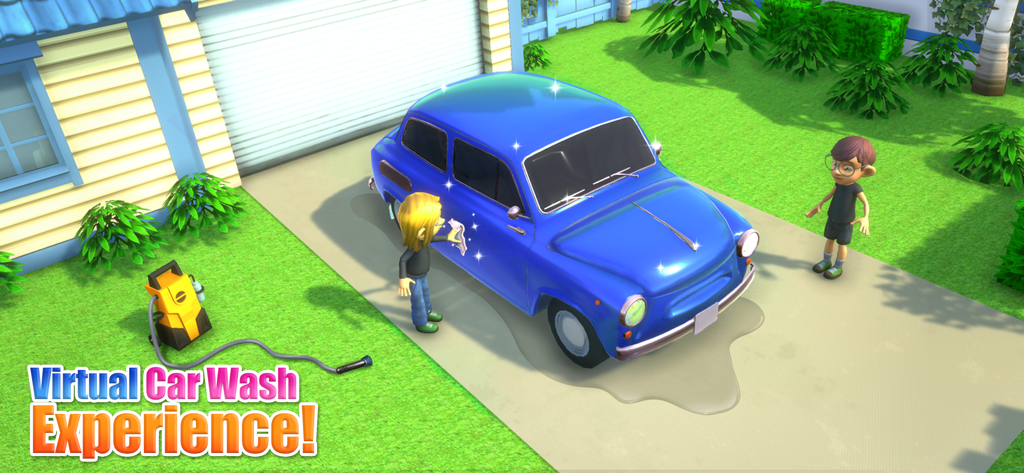 Car Washing Game: Car Clean 3D - Um personagem limpando um carro azul brilhante em um jogo de lavagem de carros virtual com uma lavadora de alta pressão por perto