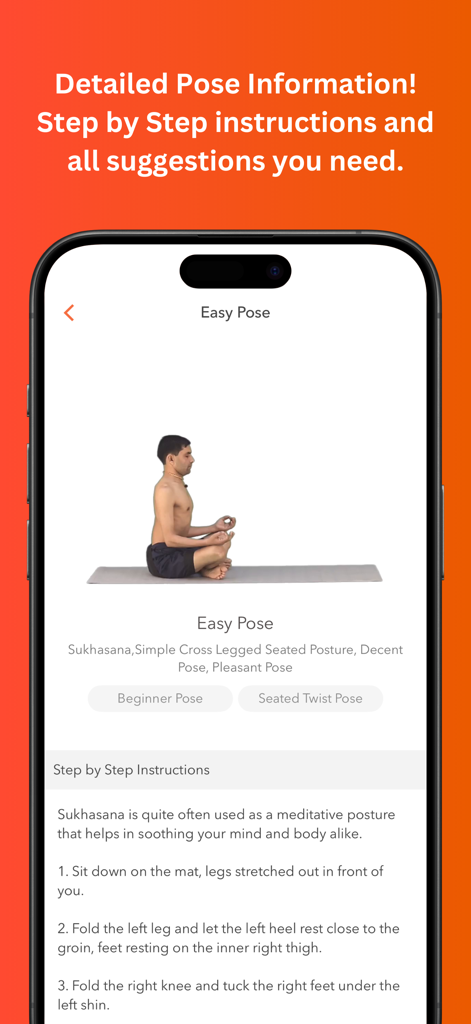 Track Yoga – A Simple Yoga App - Captura de pantalla de la aplicación Track Yoga que muestra instrucciones paso a paso y una demostración de la postura Sukhasana (postura fácil)