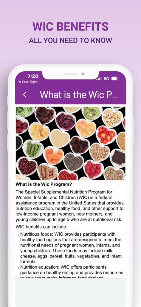 Pantalla informativa de la aplicación WIC explicando los beneficios del programa junto a una exhibición de alimentos saludables en tazones en forma de corazón.