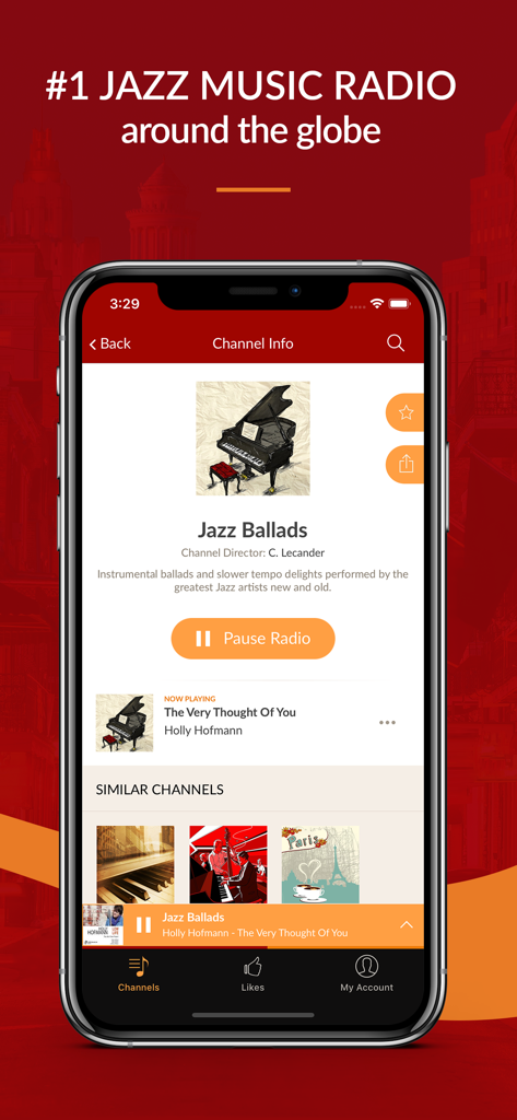 Mobile interface of the Jazz Radio app showing details for the Jazz Ballads channel and the now playing song.