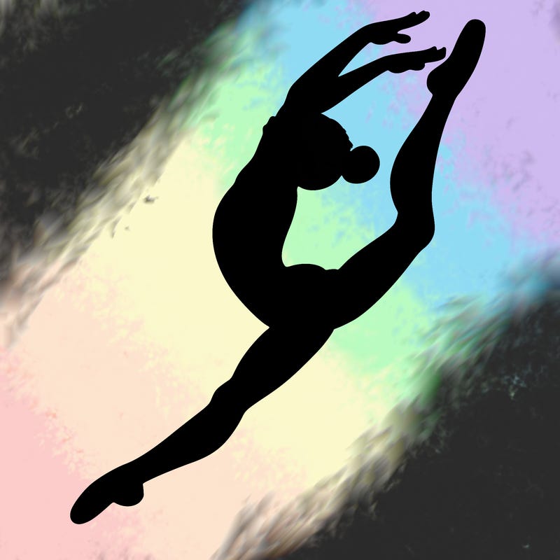gymnast doing a leap in a leotard with a bent back leg