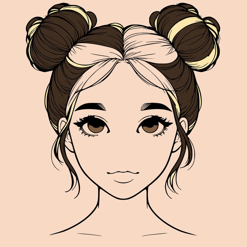 realistic girl with two buns on top of her head