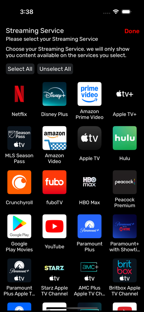 Écran de sélection des plateformes de streaming comme Netflix et Disney Plus dans MovieX