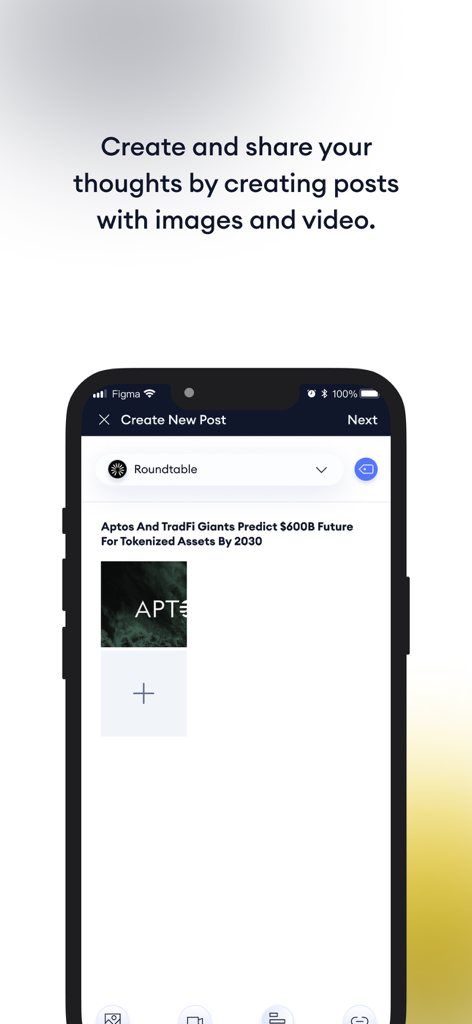 Roundtable (RTB) - Interfaz móvil de la aplicación Roundtable que muestra una nueva publicación sobre activos tokenizados.