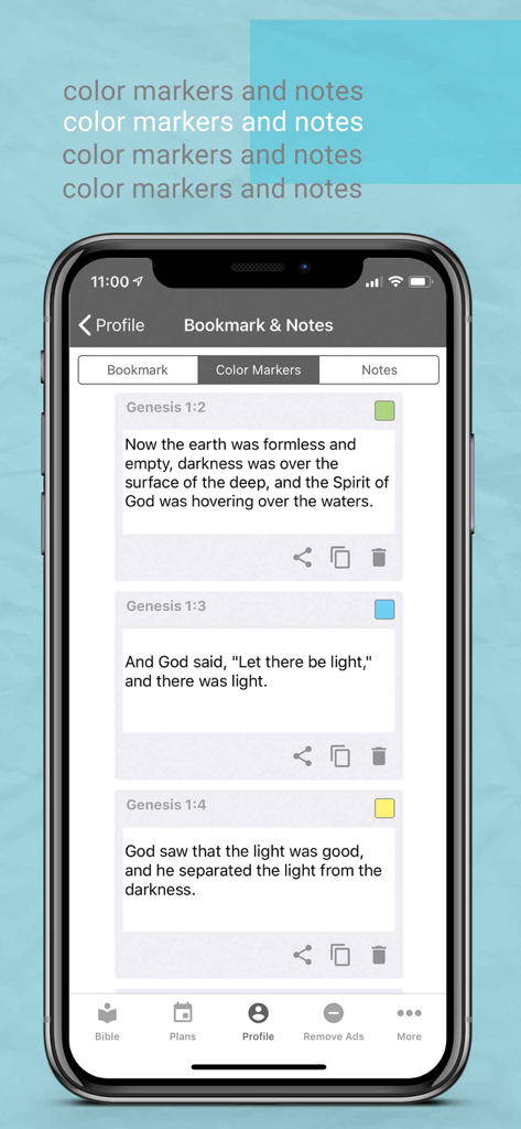 Luther's Bible - Luther Bible app screen displaying verses from Genesis with color markers and notes