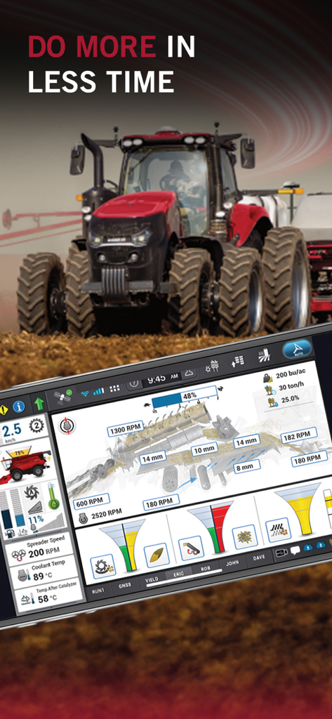 Case IH FieldOps™ - Case IH FieldOps app displaying a technical dashboard with real-time tractor performance data and machine monitoring