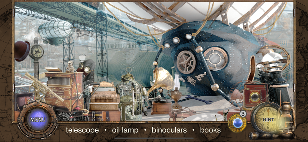 Around The World in 80 Days* - Hidden object gameplay showing antique items and a steampunk airship in Around The World in 80 Days