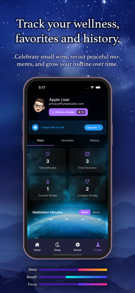 Perfil de usuário do aplicativo Serenity Sleep mostrando estatísticas de bem-estar e rastreamento de progresso de meditação.